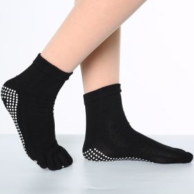 1pair Rainbow Color Non-slip Towel Bottom Yoga Socks, Cozy 5 Toes Split Knitted Calf Crew Socks, Women's Yoga Socks (Color: BLACK, size: One-size)