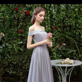 Bridesmaid Long Gray Bridesmaid Sisters Wedding Slimming Off-shoulder Banquet Dress (Option: Gray F-2XL)