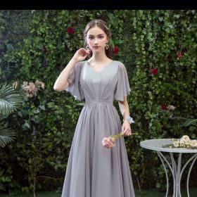 Bridesmaid Long Gray Bridesmaid Sisters Wedding Slimming Off-shoulder Banquet Dress (Option: Gray C-L)